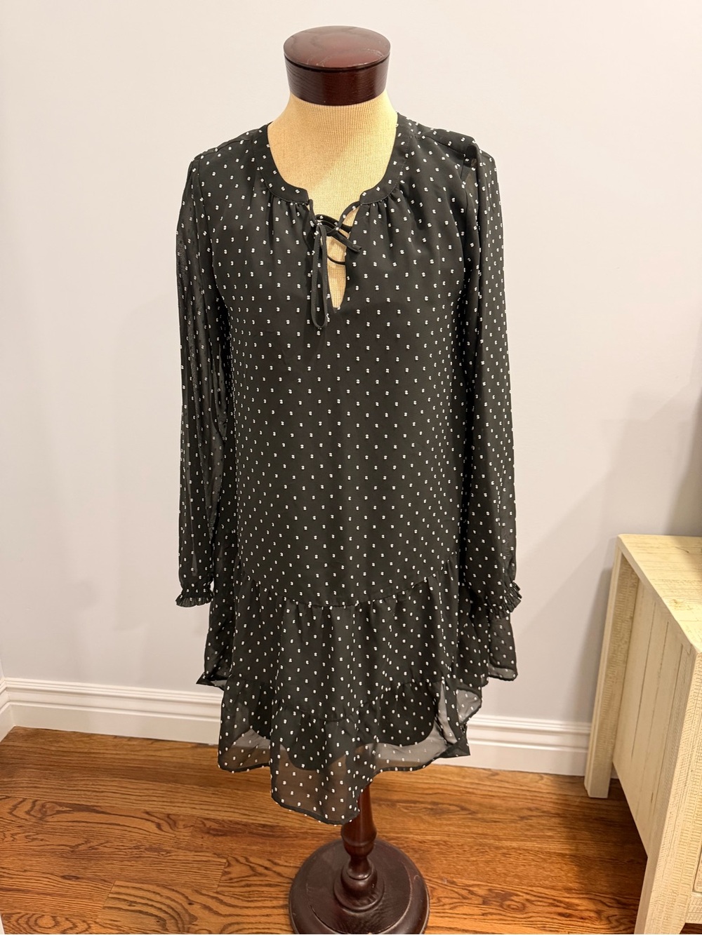 LOFT Black and White Polka Dot Long Sleeve Tie Front Dress